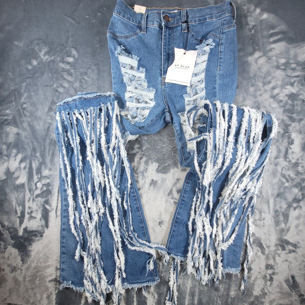 AP Blue Aphrodite Jeans Distressed Shredded Fringe High Rise Denim‎ Blue Size 11